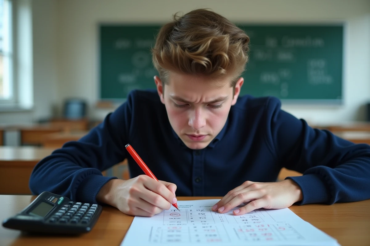 Lycéen annotant son bulletin scolaire avec une calculatrice pour calculer sa moyenne pondérée par les coefficients
