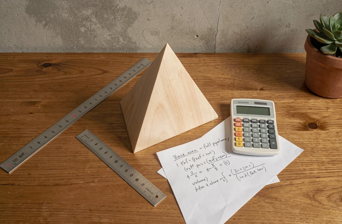 Maquette en bois de pyramide à base triangulaire posée sur un bureau avec formules de calcul du volume et règle métallique