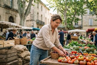 Femme française arrangeant des produits frais au marché