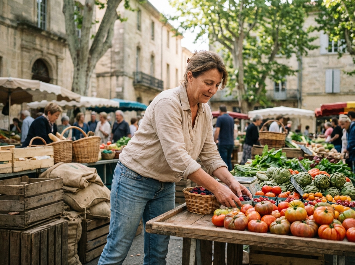 Femme française arrangeant des produits frais au marché