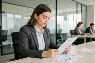 Jeune alternante en Master 2 consultant des documents de salaire dans un bureau moderne d'entreprise