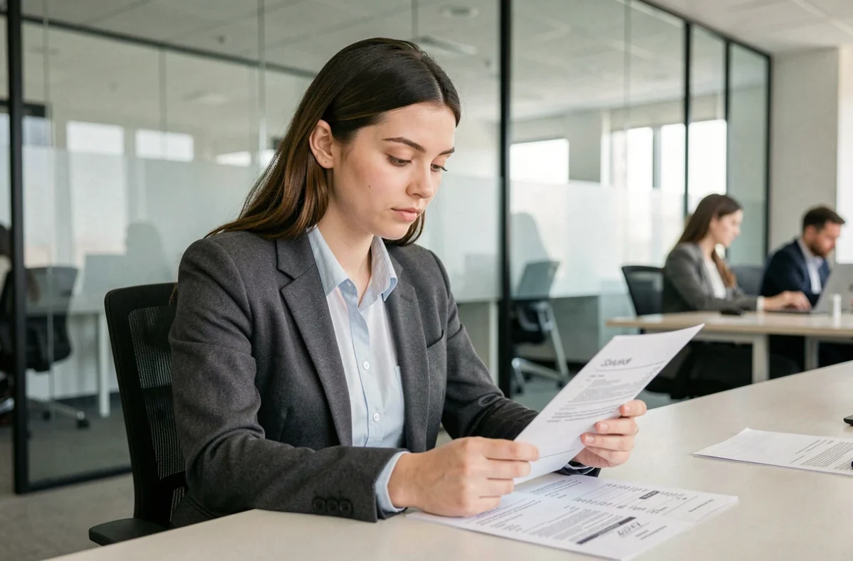 Jeune alternante en Master 2 consultant des documents de salaire dans un bureau moderne d'entreprise