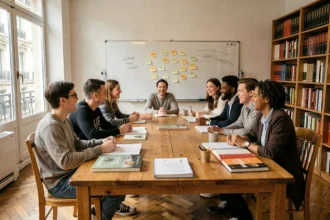 Groupe d'étudiants adultes apprenant des langues étrangères dans une école de langues parisienne moderne