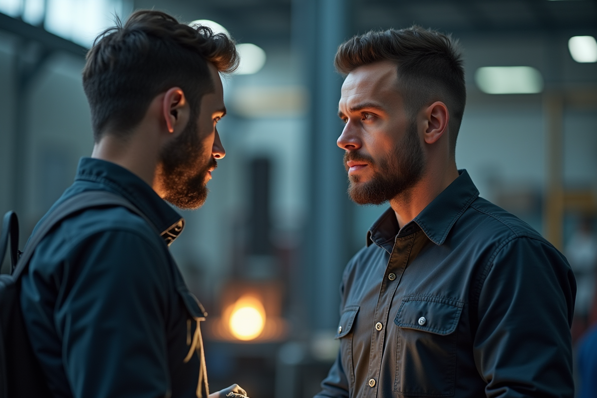 Mentor professionnel guidant un stagiaire dans un atelier lumineux