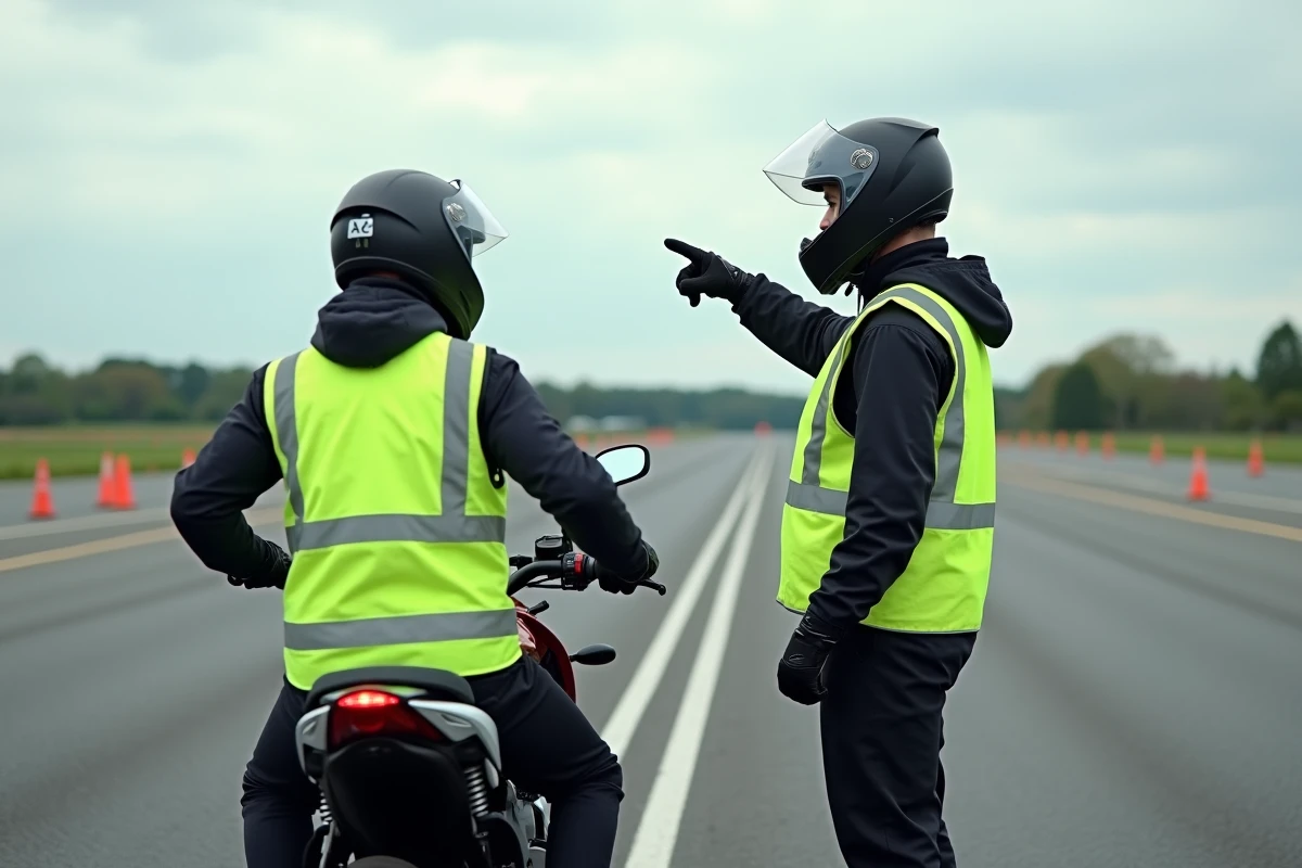Moniteur moto accompagnant un jeune élève sur un circuit d'entraînement pour la formation permis A2
