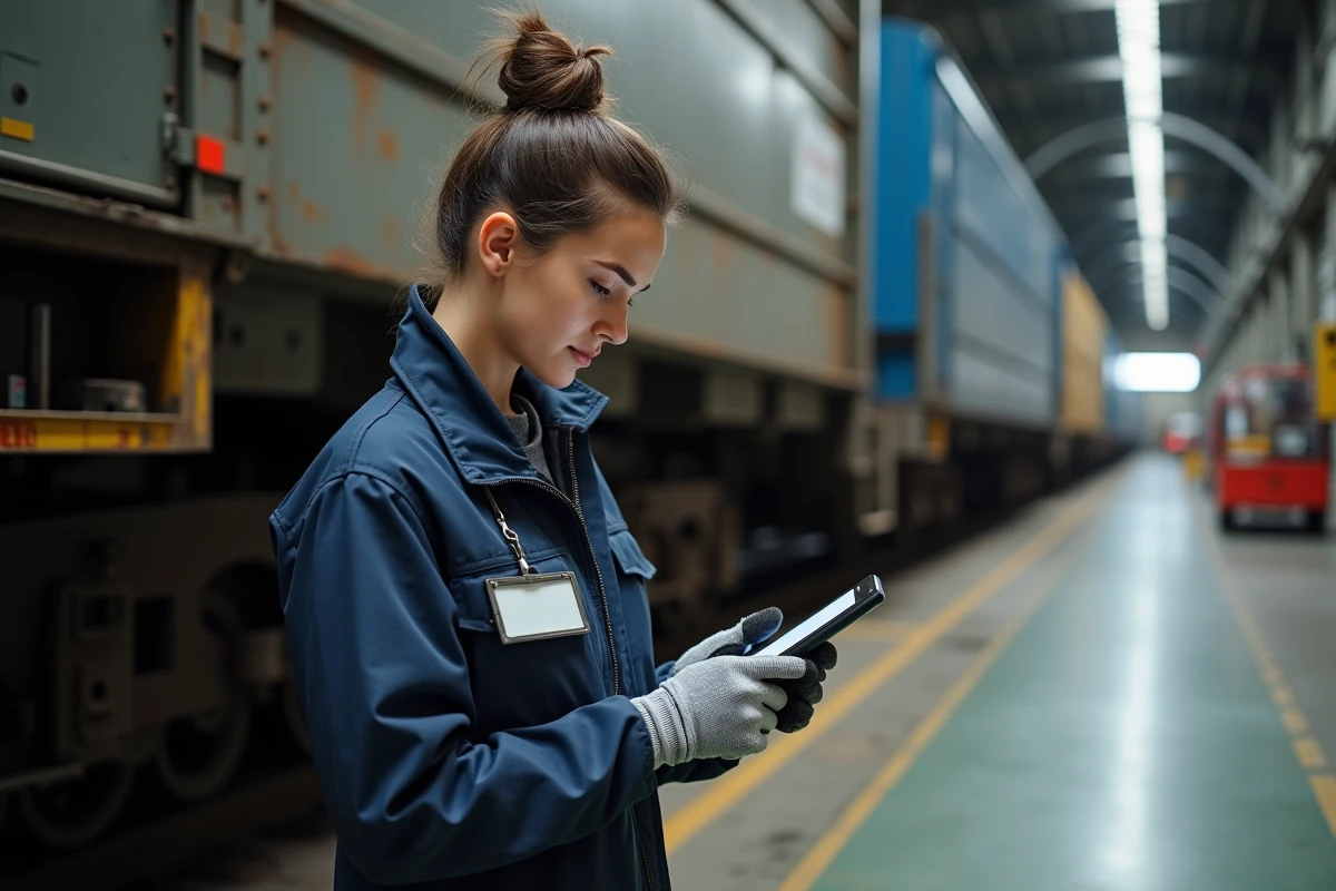 Opératrice de train vérifiant une liste dans un dépôt ferroviaire