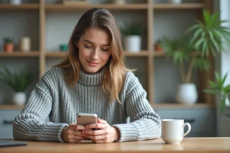 Femme utilisant un smartphone pour découvrir une nouvelle application numérique à son bureau à domicile