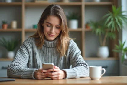 Femme utilisant un smartphone pour découvrir une nouvelle application numérique à son bureau à domicile