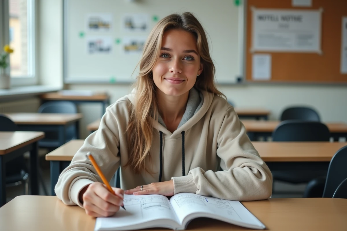 Jeune femme étudiant le code moto dans une salle de cours d'auto-école pour préparer le permis A2