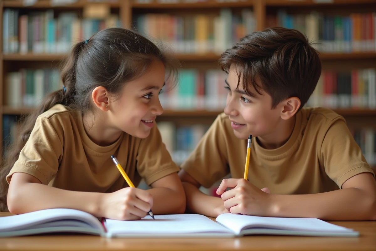 Deux élèves collaborant à la rédaction d'un discours de campagne pour devenir délégué de classe dans une bibliothèque