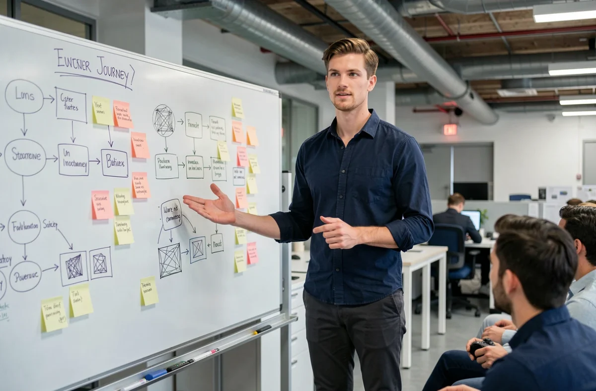 Jeune professionnel présentant un concept d'innovation sur un tableau blanc dans un laboratoire de design