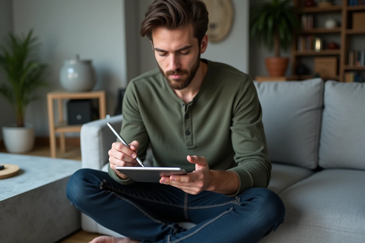 Homme prenant des notes numériques sur une tablette avec un stylet dans un salon moderne, représentant l'usage du cahier de préparation numérique