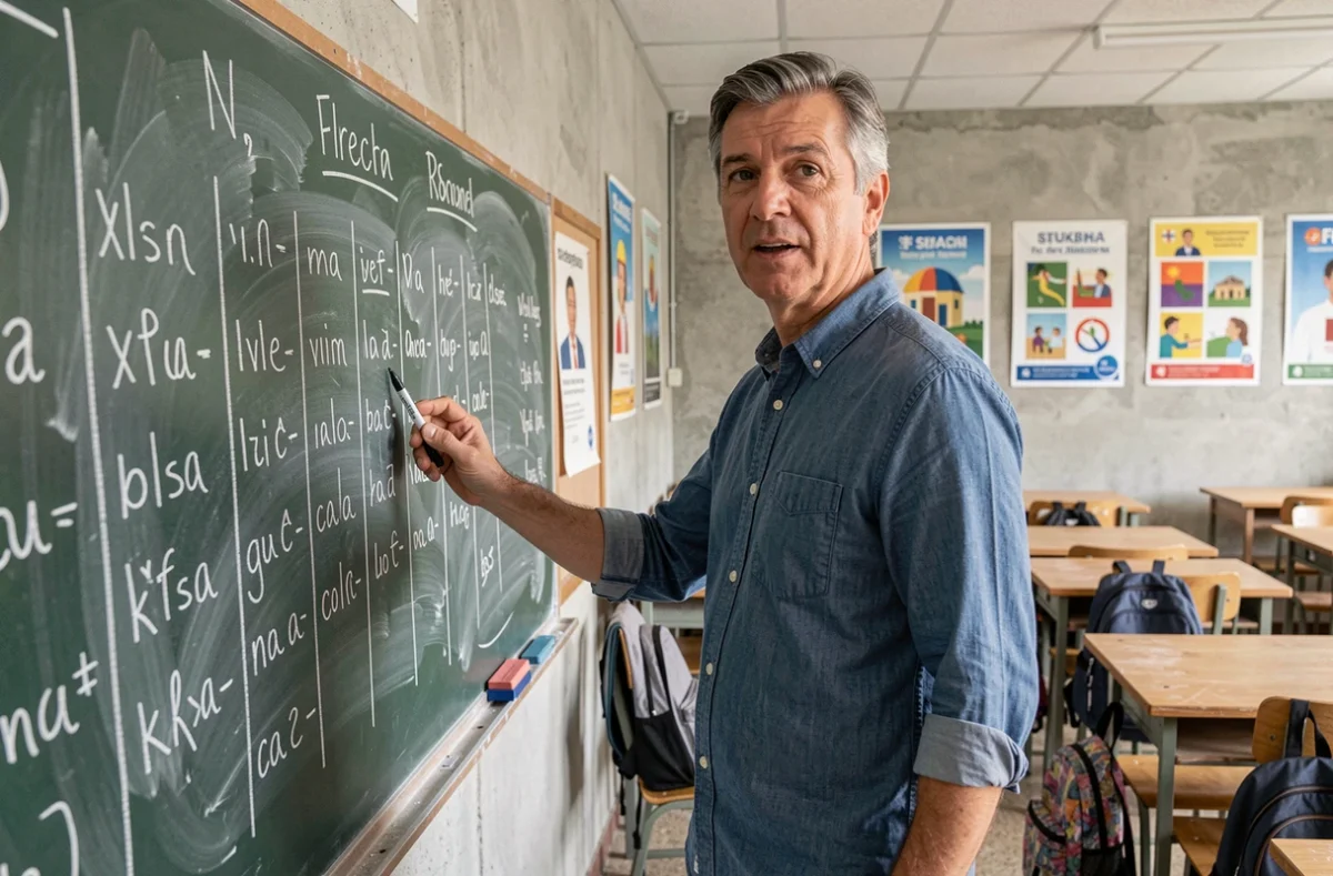 Professeur d'espagnol écrivant les conjugaisons de l'imparfait au tableau noir dans une salle de classe