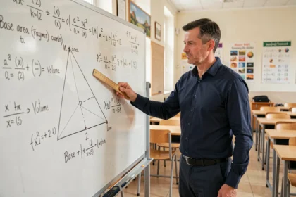 Professeur de mathématiques expliquant le calcul du volume d'une pyramide à base triangulaire sur un tableau blanc avec formules géométriques