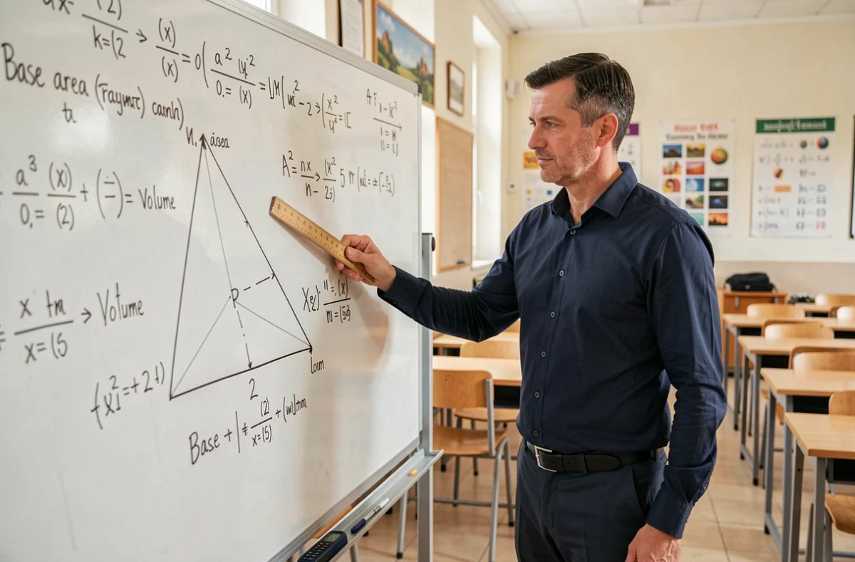 Professeur de mathématiques expliquant le calcul du volume d'une pyramide à base triangulaire sur un tableau blanc avec formules géométriques