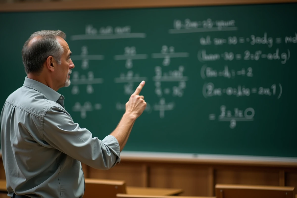 Professeur de mathématiques expliquant l'inversion d'une matrice 2x2 au tableau noir