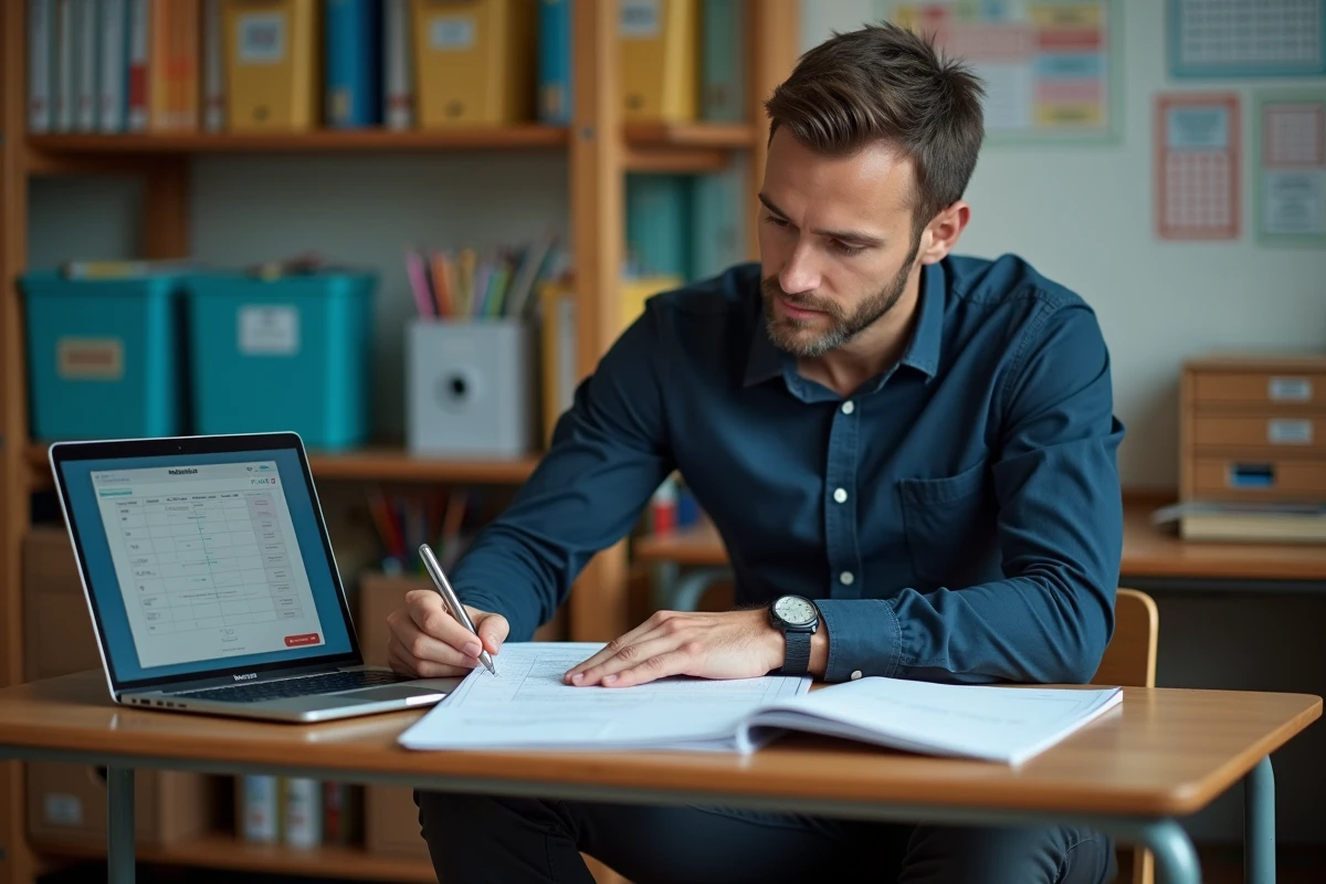 Professeur planifiant ses cours à son bureau avec un ordinateur affichant un outil numérique de gestion de classe