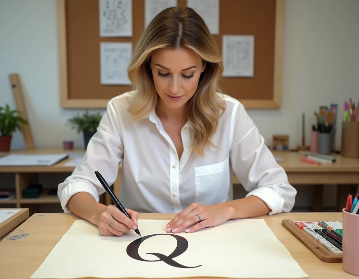 Professeure de calligraphie démontrant le tracé du Q majuscule attaché sur une grande feuille d'exercice