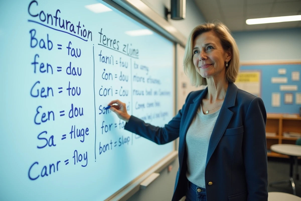 Professeure de français expliquant la conjugaison des verbes du 2ème groupe au tableau en classe de collège