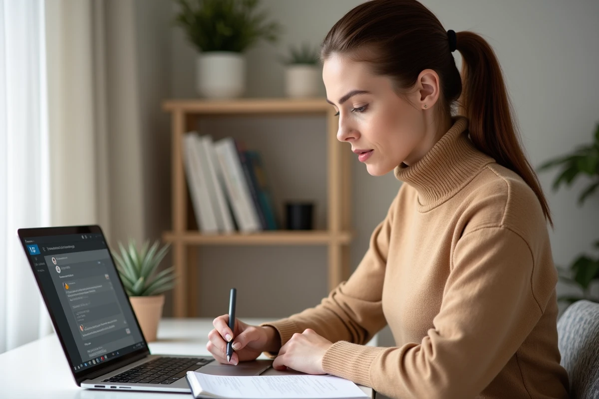 Professionnelle concentrée rédigeant un message de prospection éthique sur LinkedIn dans un bureau à domicile épuré