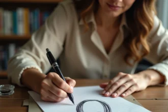 Femme écrivant un Q majuscule cursif à la plume sur papier ligné à un bureau en bois