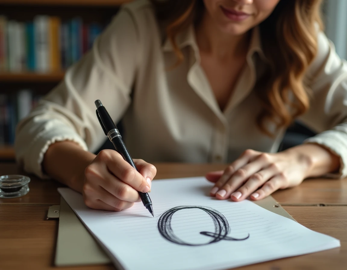 Femme écrivant un Q majuscule cursif à la plume sur papier ligné à un bureau en bois
