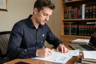 Jeune homme rédigeant une lettre de motivation pour la gendarmerie à son bureau avec des documents officiels