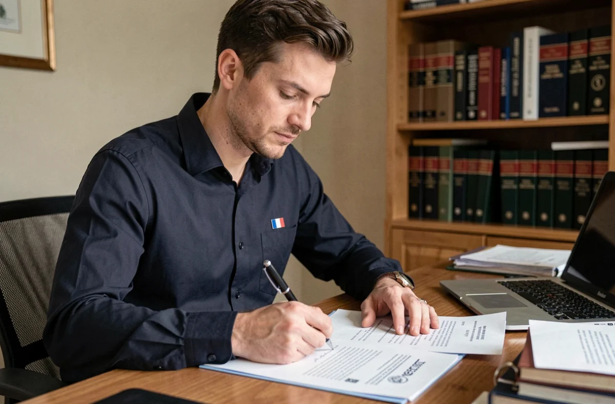 Jeune homme rédigeant une lettre de motivation pour la gendarmerie à son bureau avec des documents officiels