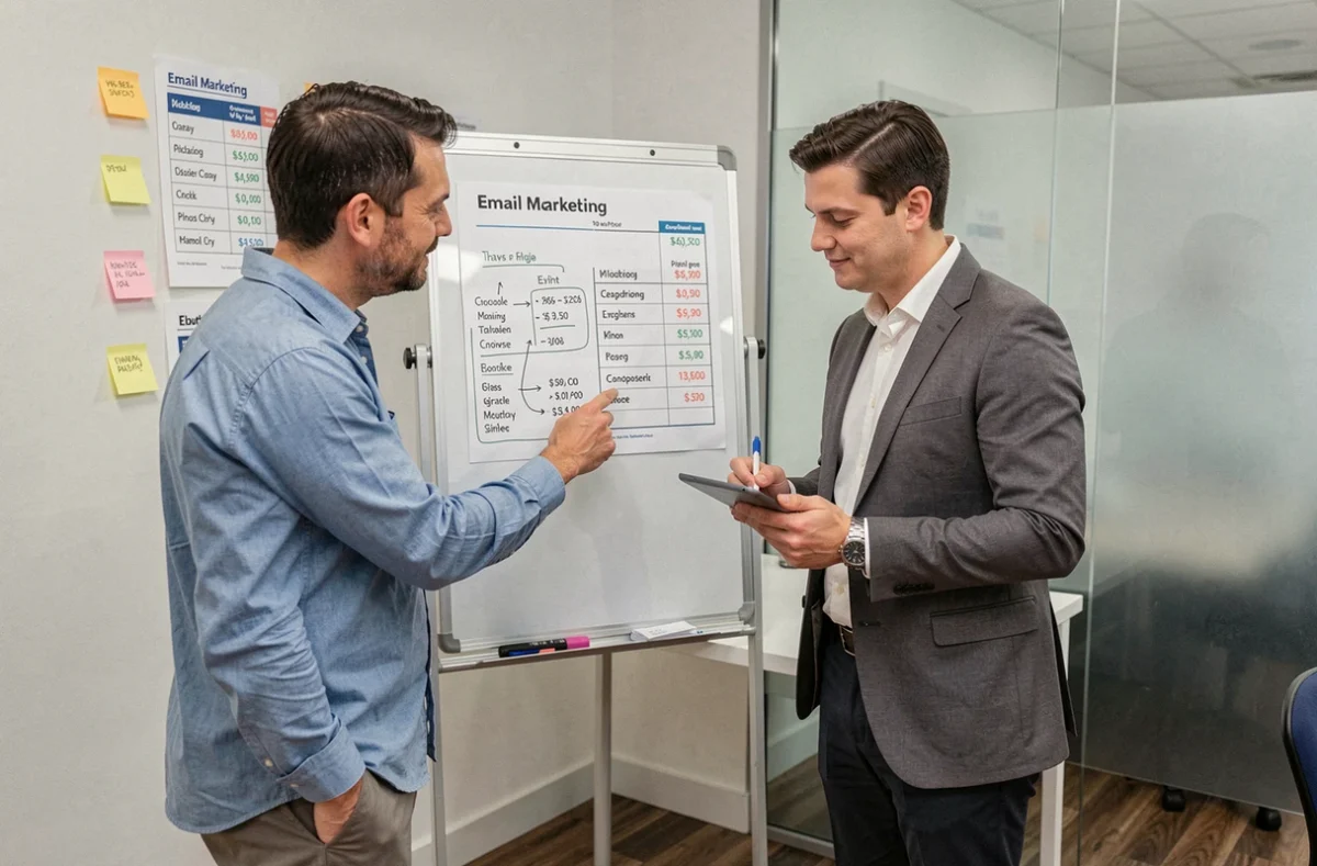 Deux professionnels comparant les options tarifaires d'une solution emailing pour un organisme de formation