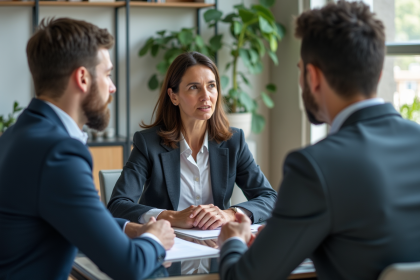 Groupe de trois professionnels en réunion dans un bureau moderne