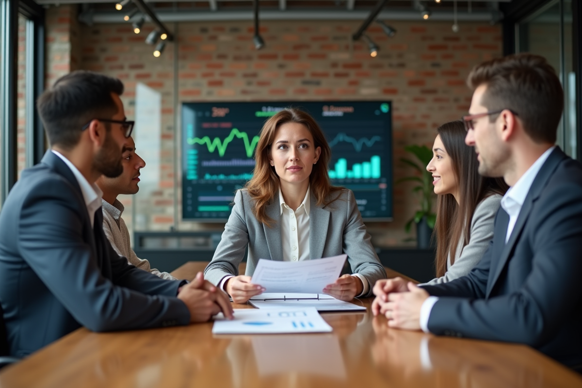 Femme analyste en réunion avec équipe financière
