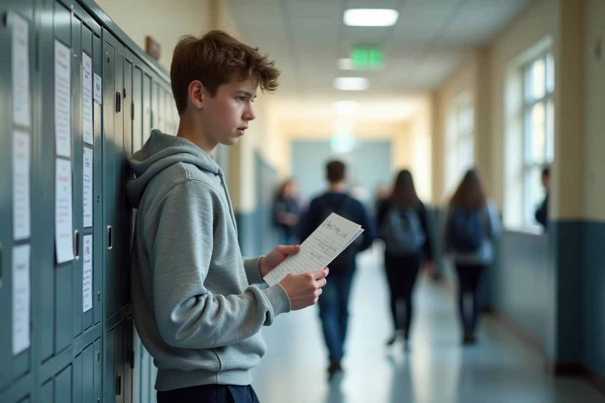 Adolescent révisant son discours de délégué dans un couloir d'école avec une fiche de notes