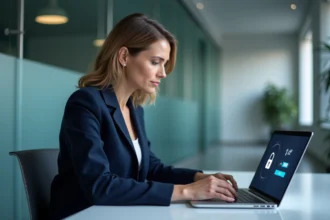 Professionnelle consultant un portail extranet sécurisé sur son ordinateur portable dans un bureau moderne