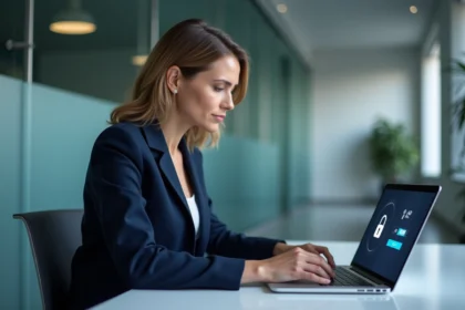 Professionnelle consultant un portail extranet sécurisé sur son ordinateur portable dans un bureau moderne