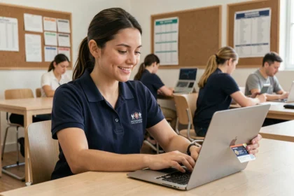 Stagiaire Afpa consultant sa carte Afpa Metisse sur un ordinateur portable dans un centre de formation professionnelle