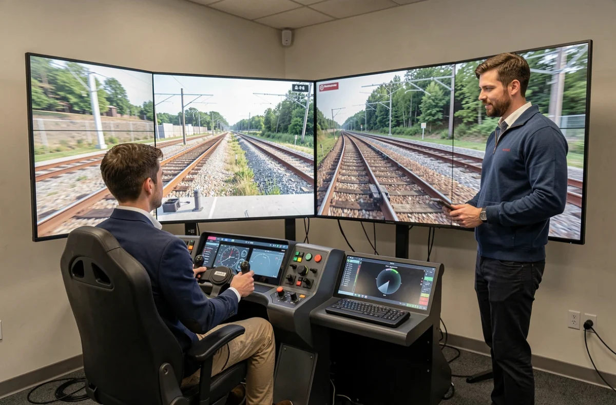 Stagiaire en cours théorique devant un simulateur de conduite ferroviaire