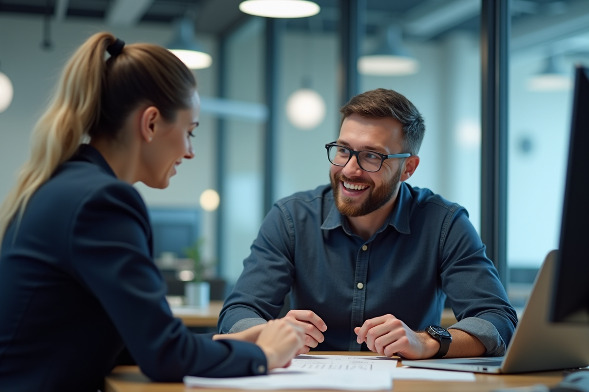Technicien électronique en discussion avec un manager au bureau