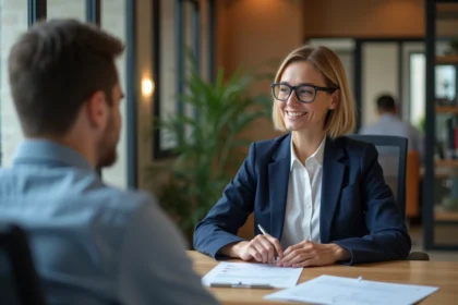 Tuteur de stage rédigeant une appréciation positive avec un stagiaire dans un bureau moderne
