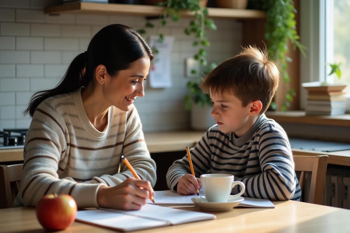 Mère et adolescent travaillant ensemble à la maison dans le cadre d'une scolarisation alternative ou d'unschooling