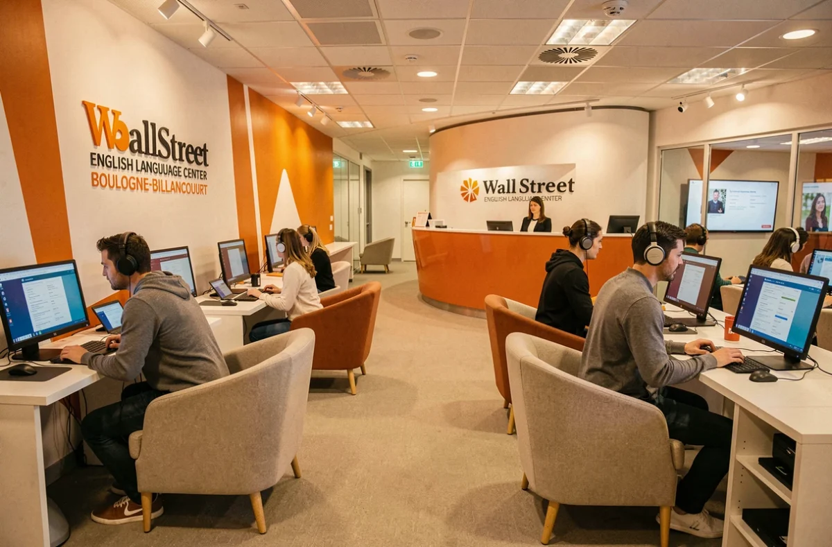 Espace d'apprentissage de l'anglais Wall Street English à Boulogne-Billancourt avec stations numériques